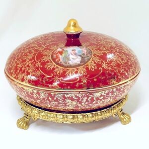 M&R Marks & Rosenfeld Hand Painted Candy Trinket Dish w Lid & Brass Footed Base